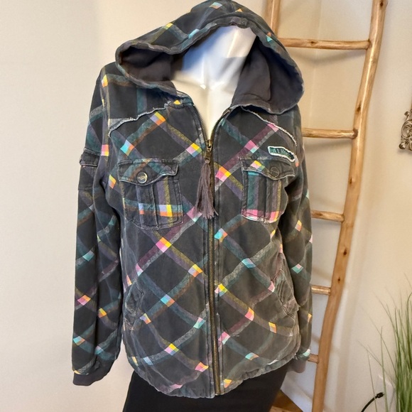 Billabong Y2K Quilted Hooded Shacket Women’s Large Black w Neon Color Pattern - Picture 6 of 9